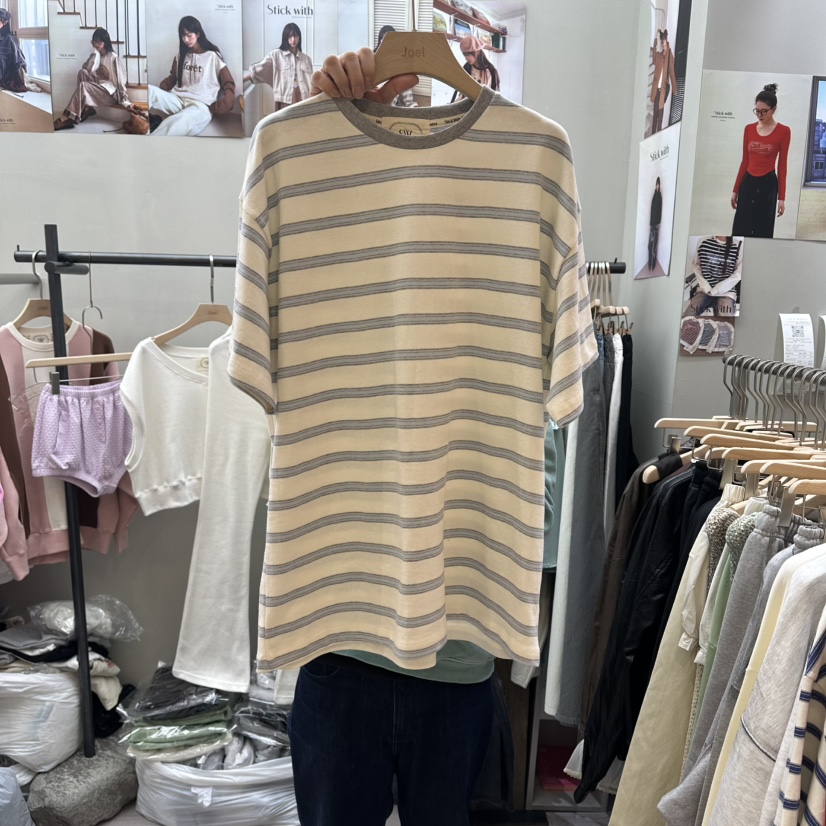 STICK WITH韓國直郵實拍女裝新品時尚休閑推薦人氣T恤條紋STICK WITHT恤圖色2