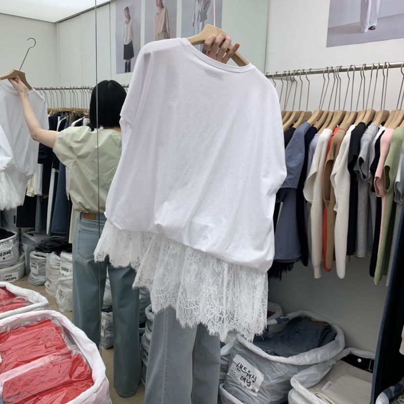 MOI-A韓國東大門代購女士新品推薦熱賣T恤假兩件莫代爾蕾絲MOI-AT恤