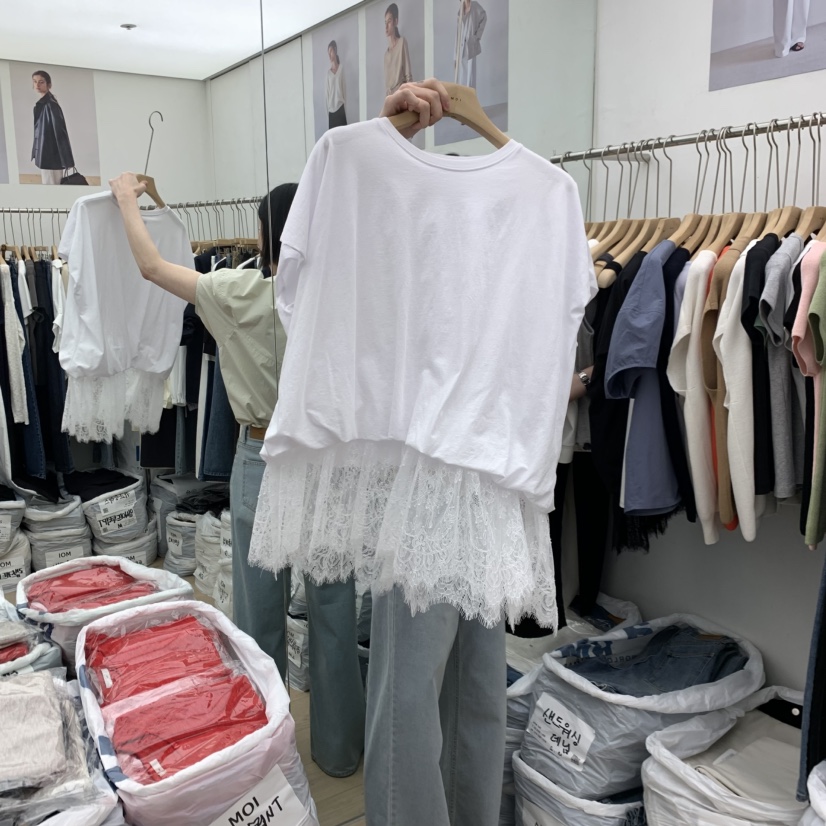 MOI-A韓國東大門代購女士新品推薦熱賣T恤假兩件莫代爾蕾絲MOI-AT恤圖色1