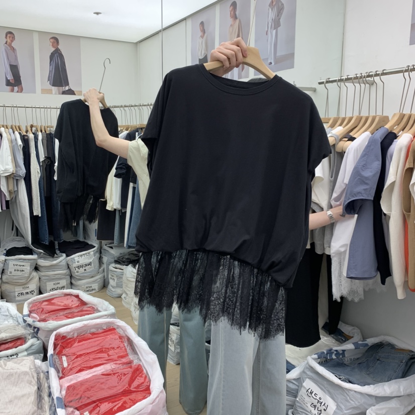 MOI-A韓國東大門代購女士新品推薦熱賣T恤假兩件莫代爾蕾絲MOI-AT恤圖色2