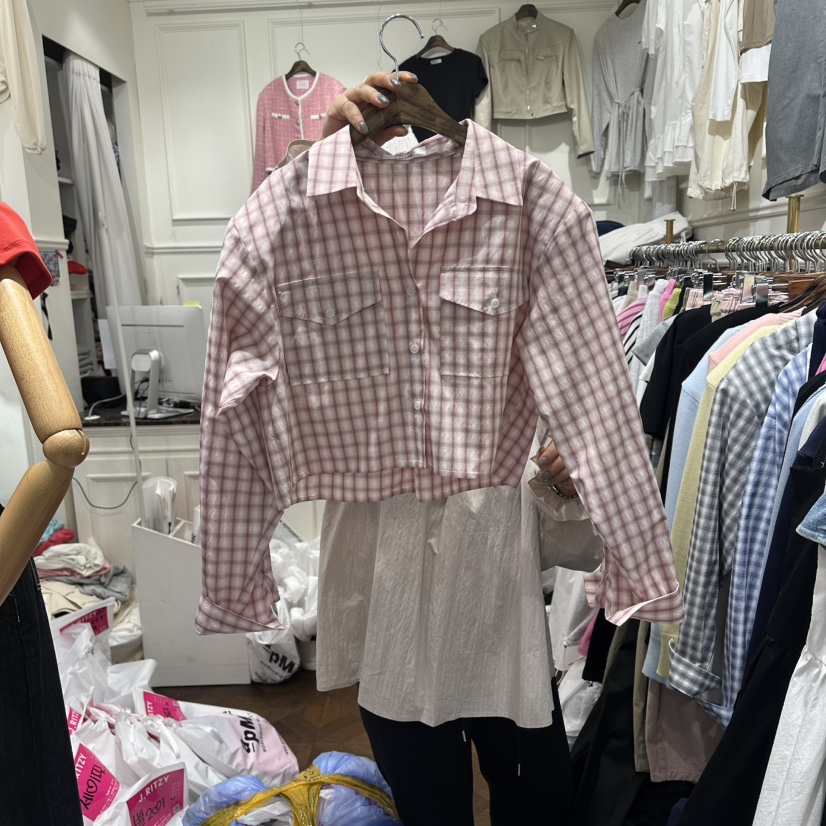 J.RITZY韓國代購女士新款26春夏休閑職業襯衫蕾絲衫格子J.RITZY襯衫/蕾絲衫圖色1