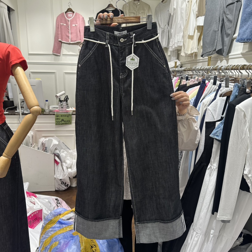 J.RITZY韓國東大門代購女士新品休閑推薦時尚牛仔褲含腰繩J.RITZY牛仔褲圖色1