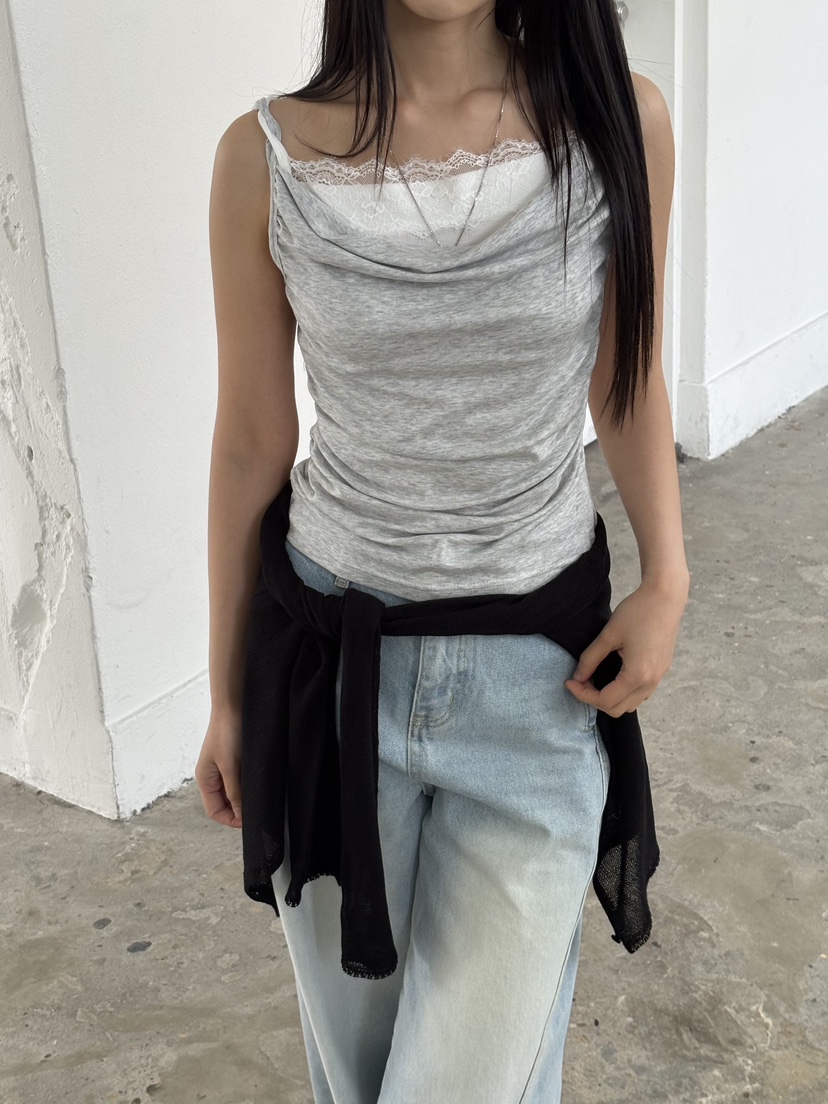 Verbena韓國代購女裝新品推薦時尚熱賣吊帶背心假兩件蕾絲Verbena吊帶/背心