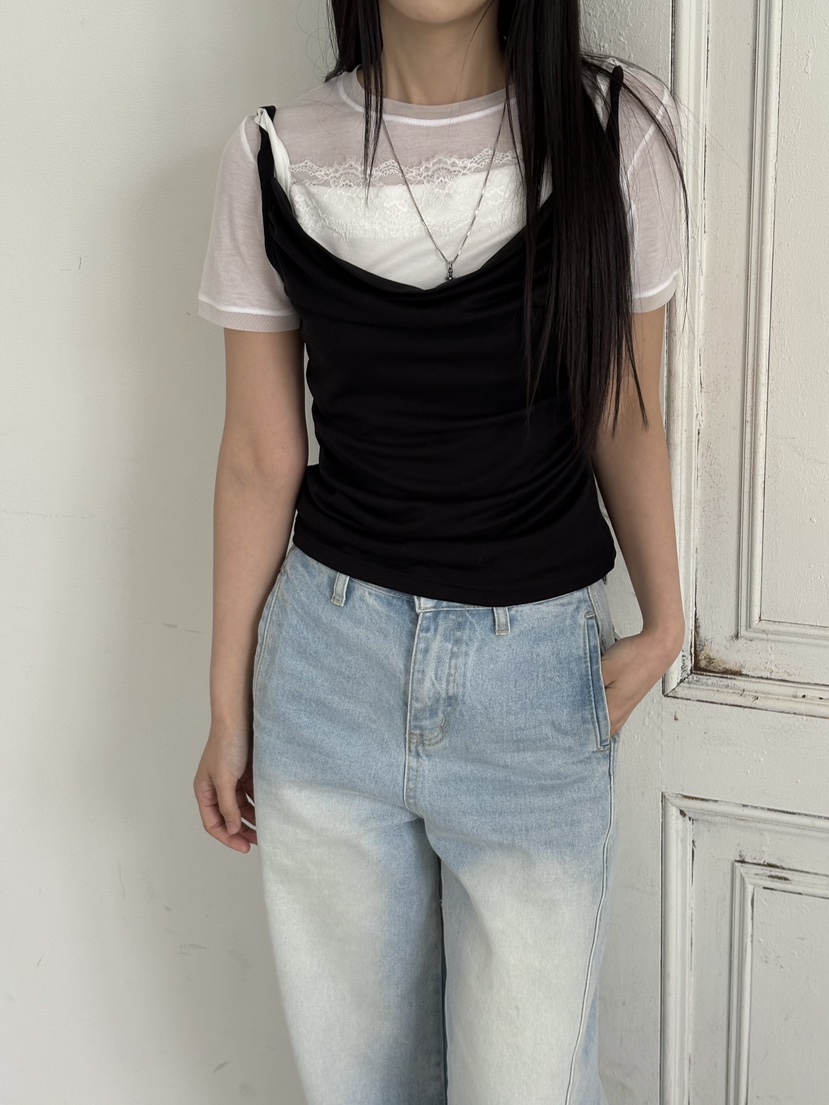 Verbena韓國代購女裝新品推薦時尚熱賣吊帶背心假兩件蕾絲Verbena吊帶/背心