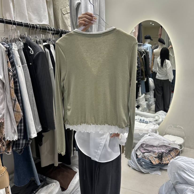 AT THE END韓國直郵實拍女士新款人氣長袖T恤假兩件亞麻布AT THE END長袖T恤