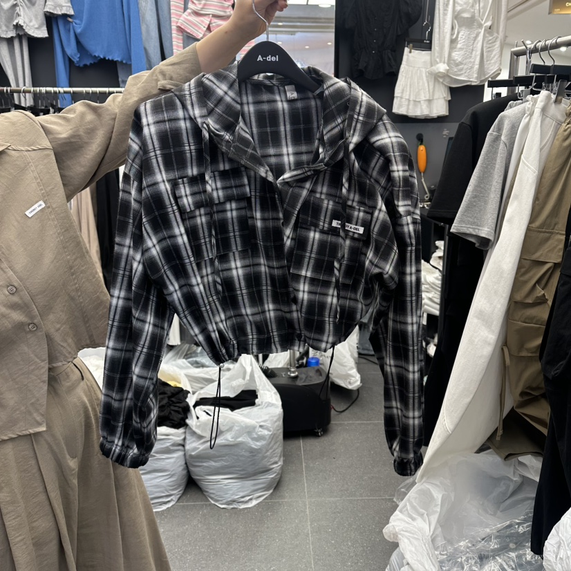 A-DEL韓國直郵女士新品推薦職業時尚襯衫蕾絲衫格子連帽A-DEL襯衫/蕾絲衫圖色3