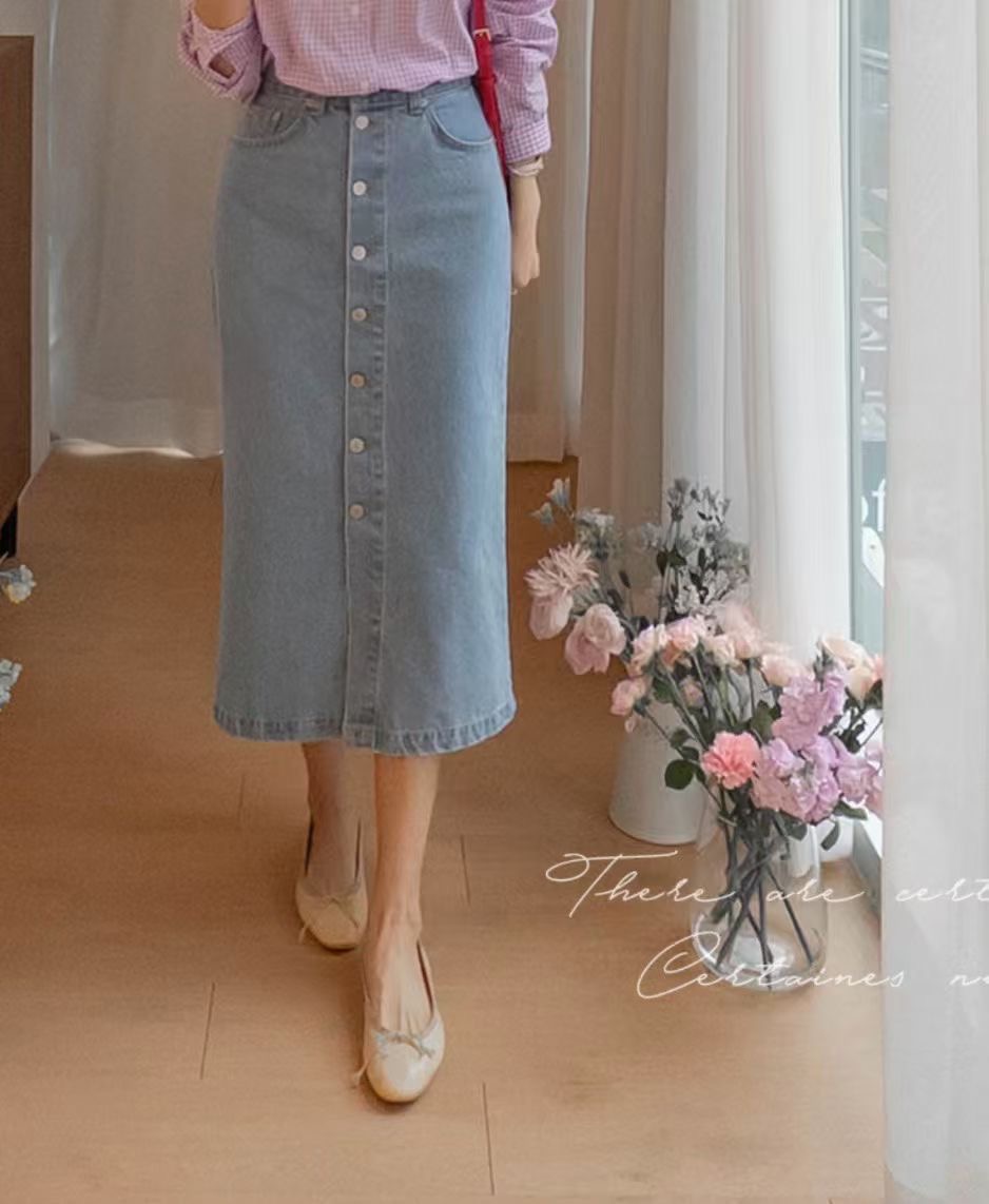 L V C韓國代購女裝新款熱賣休閑時尚職業人氣26春夏長裙紐扣L_V_C長裙