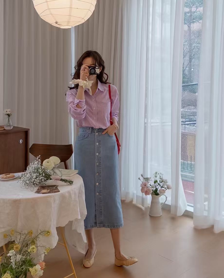 L V C韓國代購女裝新款熱賣休閑時尚職業人氣26春夏長裙紐扣L_V_C長裙