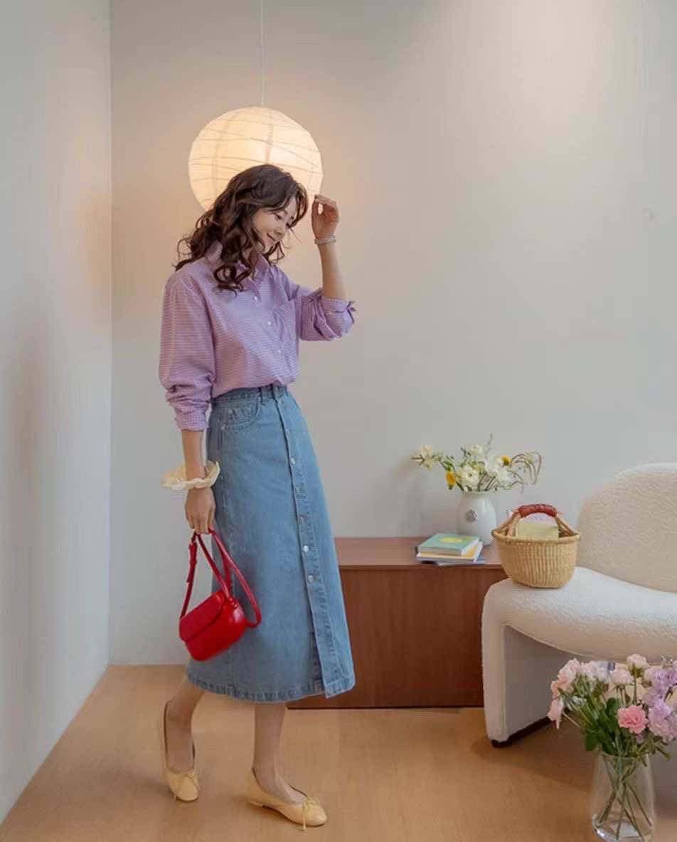 L V C韓國代購女裝新款熱賣休閑時尚職業人氣26春夏長裙紐扣L_V_C長裙