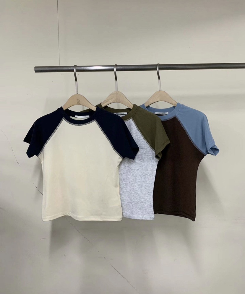 PLATE韓國東大門代購女裝新款時尚人氣熱賣T恤插肩袖撞色PLATET恤圖色2左二色