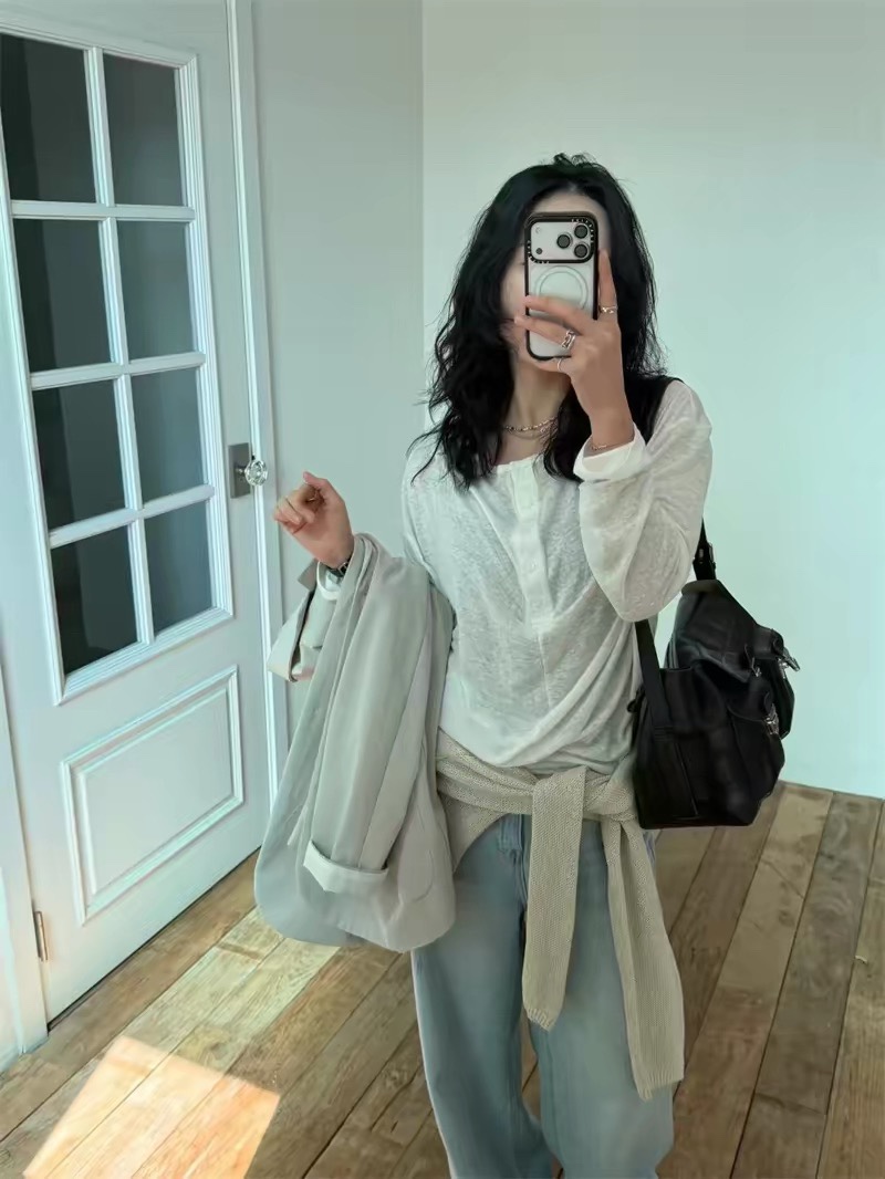 MONDAY TO SUNDAY韓國直郵實拍女士新品26春夏長袖T恤亞麻MONDAY TO SUNDAY長袖T恤圖色1