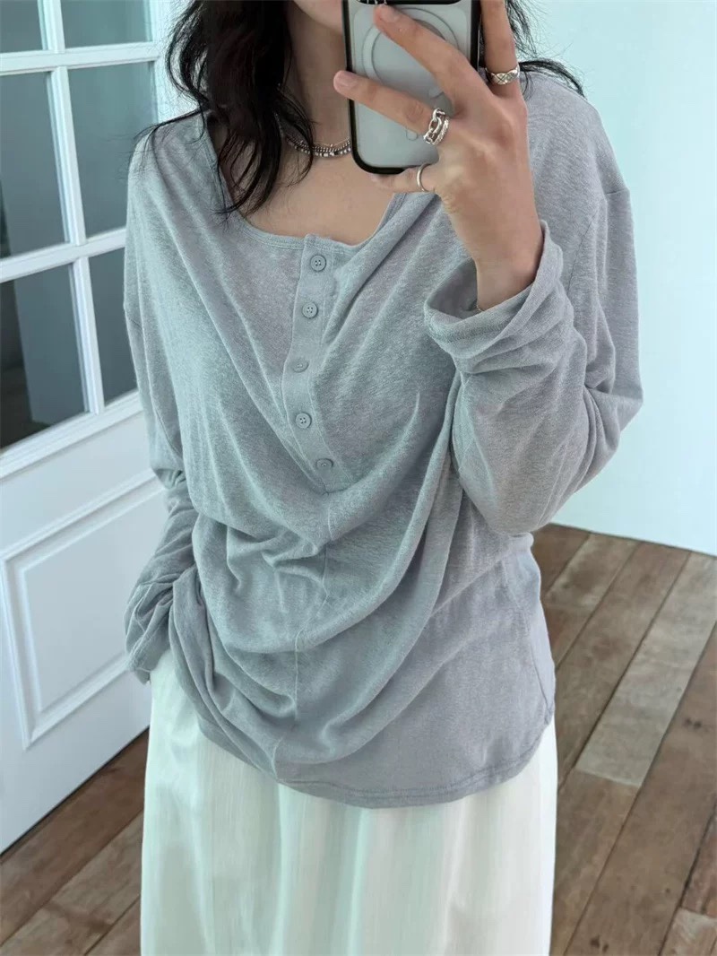 MONDAY TO SUNDAY韓國直郵實拍女士新品26春夏長袖T恤亞麻MONDAY TO SUNDAY長袖T恤圖色2