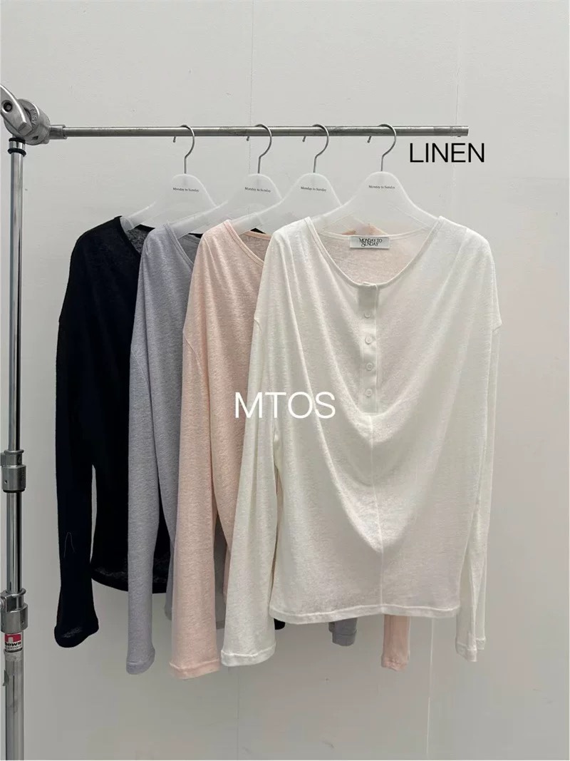 MONDAY TO SUNDAY韓國直郵實拍女士新品26春夏長袖T恤亞麻MONDAY TO SUNDAY長袖T恤圖色4左一色
