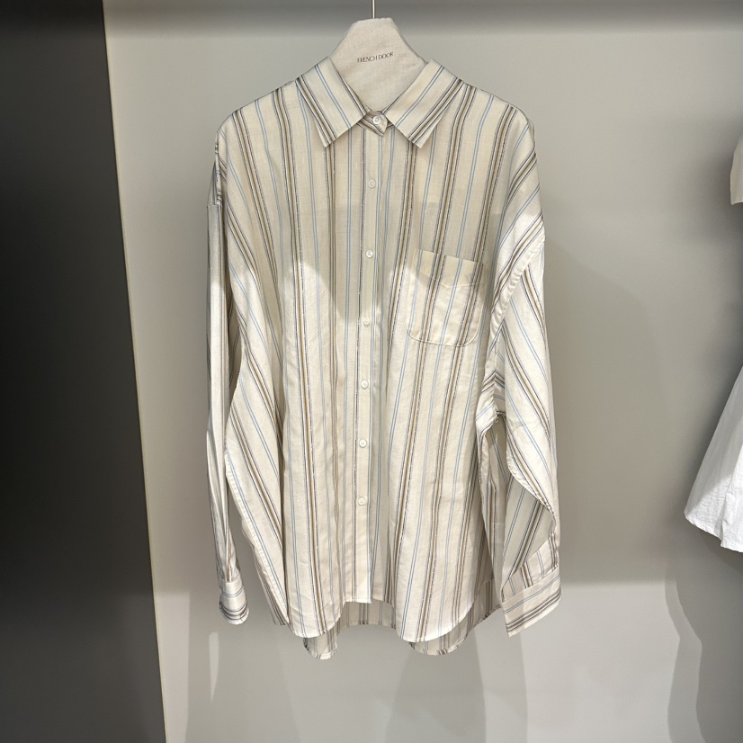 FRENCH DOOR韓國直郵女士新品熱賣26春夏襯衫蕾絲衫亞麻條紋FRENCH DOOR襯衫/蕾絲衫圖色1