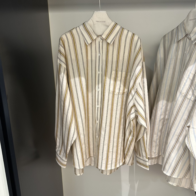 FRENCH DOOR韓國直郵女士新品熱賣26春夏襯衫蕾絲衫亞麻條紋FRENCH DOOR襯衫/蕾絲衫圖色2