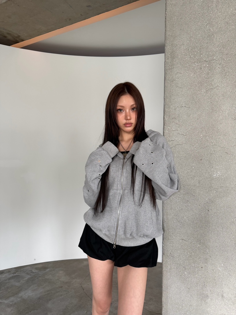 SEEOT韓國直郵實拍女士新品休閑夾克拉鏈連帽衫男女同款華夫格鏤空SEEOT夾克