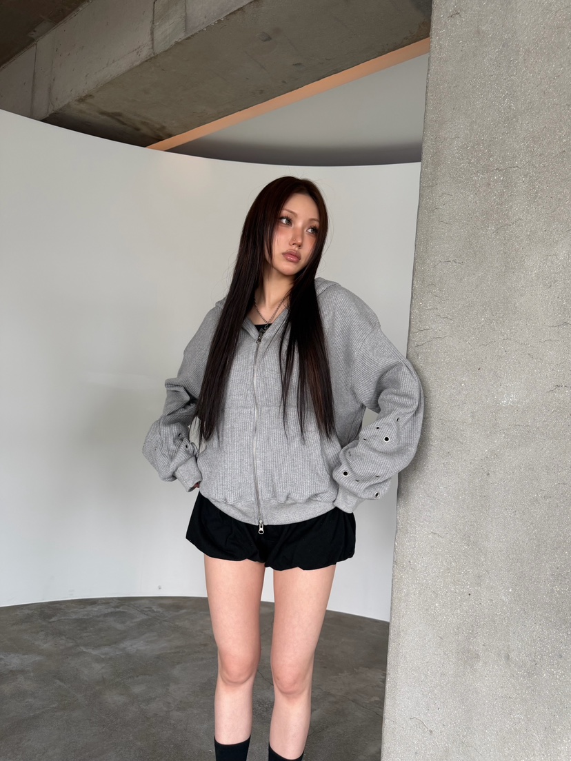 SEEOT韓國直郵實拍女士新品休閑夾克拉鏈連帽衫男女同款華夫格鏤空SEEOT夾克