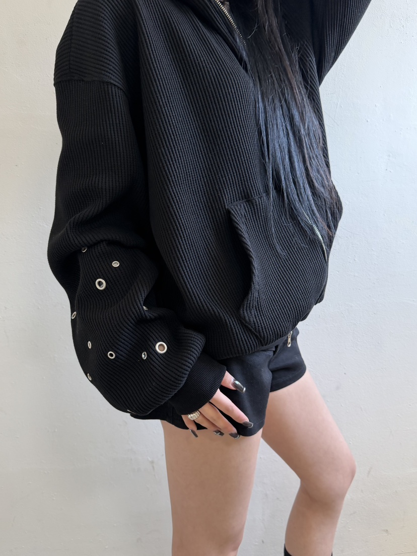 SEEOT韓國直郵實拍女士新品休閑夾克拉鏈連帽衫男女同款華夫格鏤空SEEOT夾克