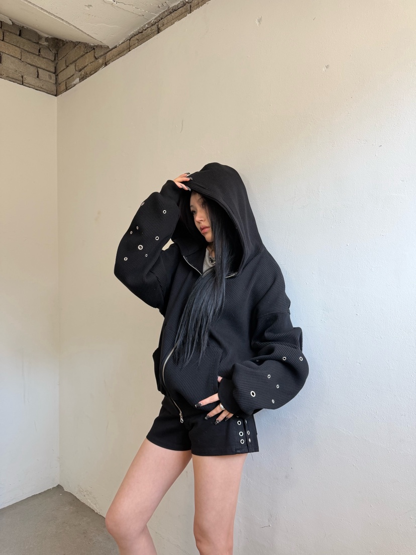 SEEOT韓國直郵實拍女士新品休閑夾克拉鏈連帽衫男女同款華夫格鏤空SEEOT夾克