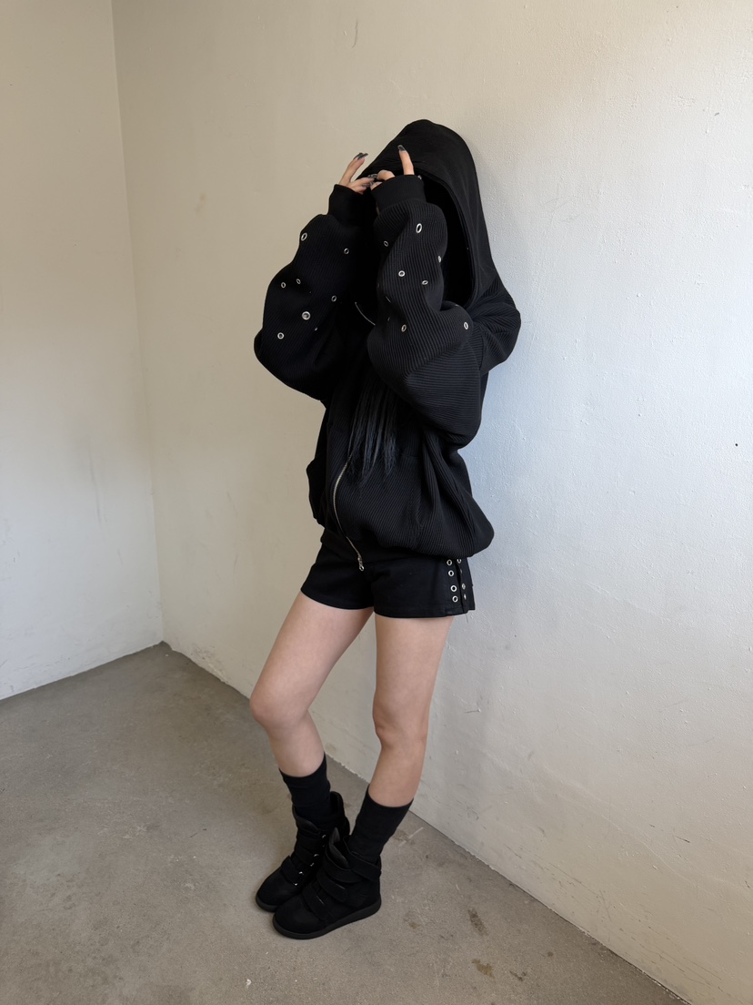 SEEOT韓國直郵實拍女士新品休閑夾克拉鏈連帽衫男女同款華夫格鏤空SEEOT夾克