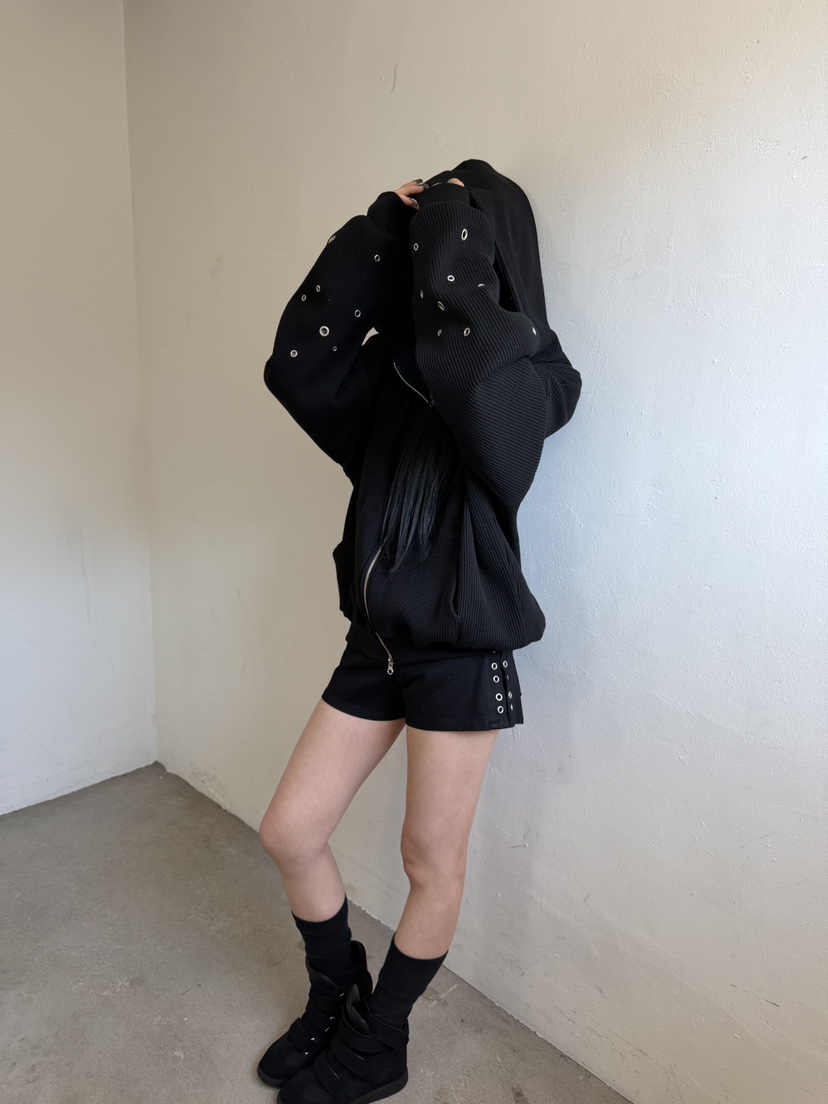 SEEOT韓國直郵實拍女士新品休閑夾克拉鏈連帽衫男女同款華夫格鏤空SEEOT夾克