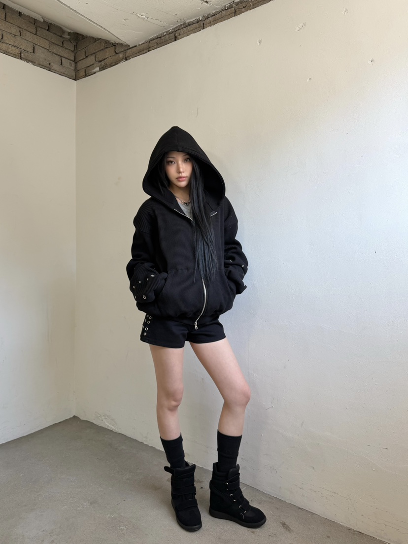 SEEOT韓國直郵實拍女士新品休閑夾克拉鏈連帽衫男女同款華夫格鏤空SEEOT夾克