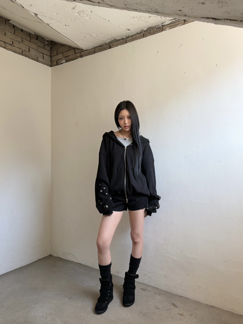 SEEOT韓國直郵實拍女士新品休閑夾克拉鏈連帽衫男女同款華夫格鏤空SEEOT夾克