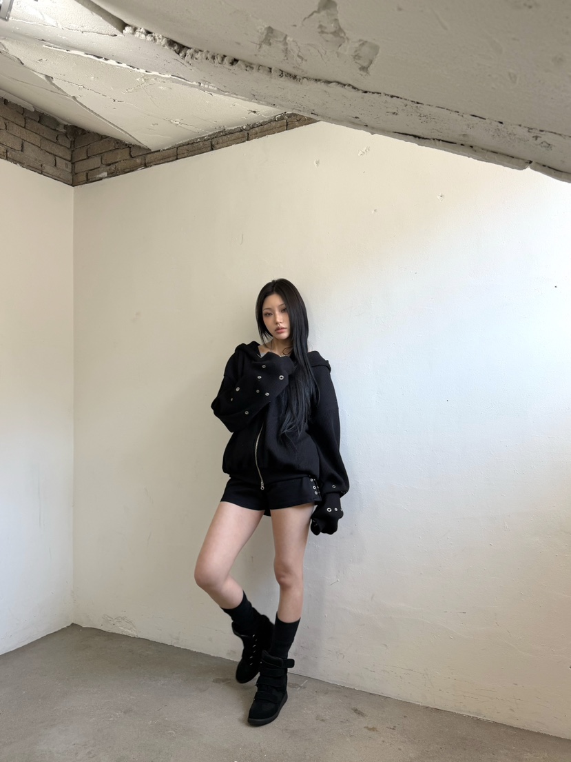 SEEOT韓國直郵實拍女士新品休閑夾克拉鏈連帽衫男女同款華夫格鏤空SEEOT夾克