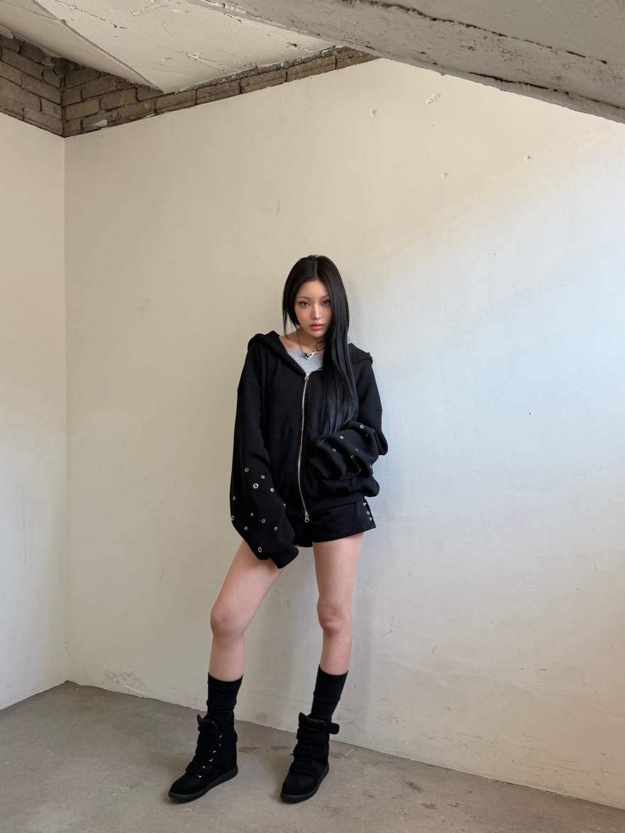 SEEOT韓國直郵實拍女士新品休閑夾克拉鏈連帽衫男女同款華夫格鏤空SEEOT夾克