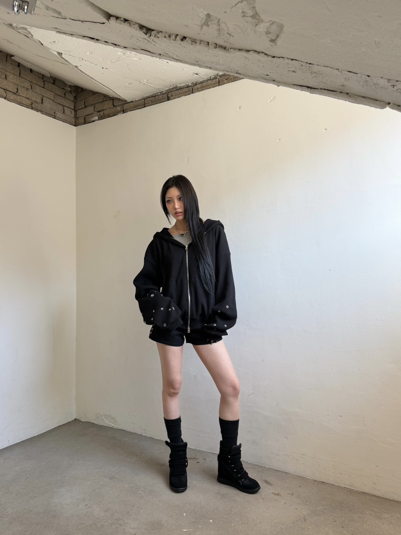 SEEOT韓國直郵實拍女士新品休閑夾克拉鏈連帽衫男女同款華夫格鏤空SEEOT夾克