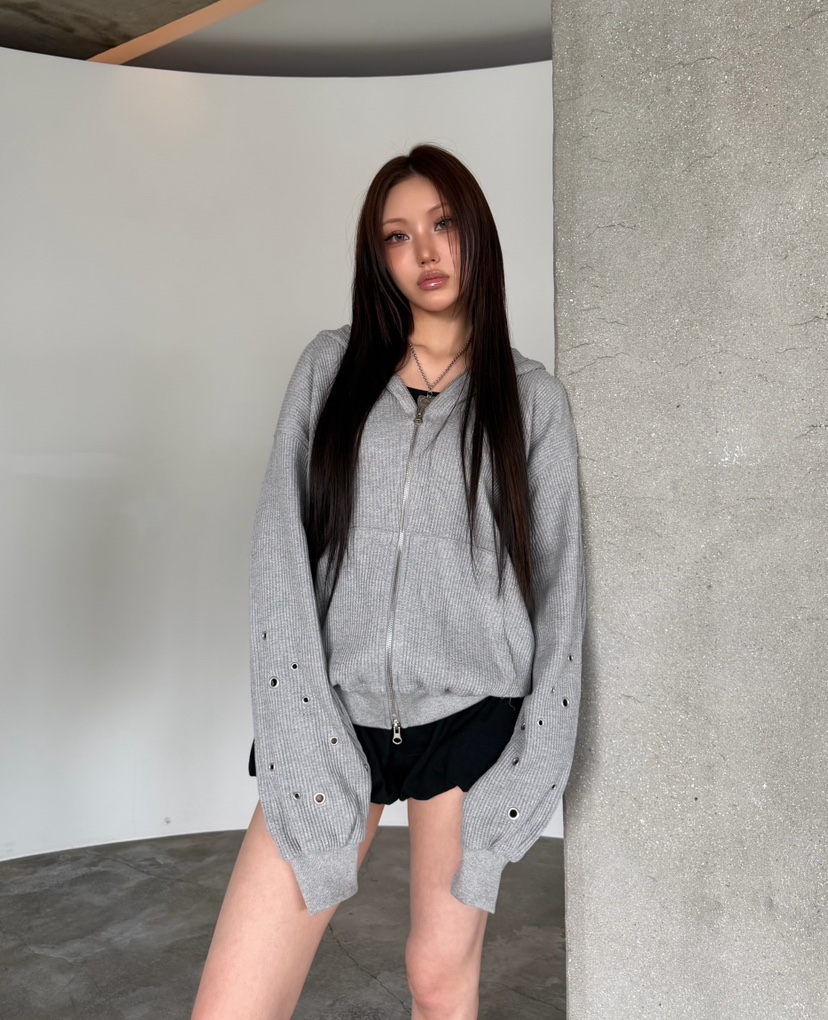 SEEOT韓國直郵實拍女士新品休閑夾克拉鏈連帽衫男女同款華夫格鏤空SEEOT夾克圖色1