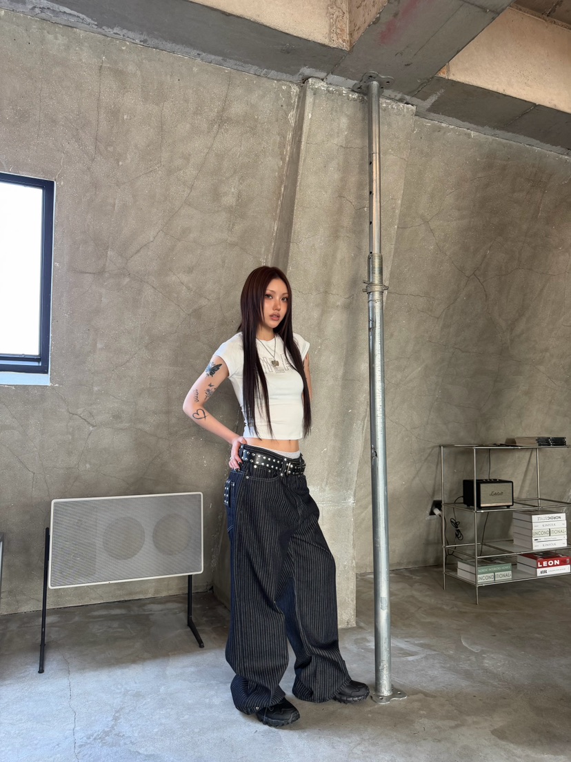 SEEOT韓國東大門直郵女裝新款推薦時尚休閑褲不含腰帶條紋SEEOT休閑褲