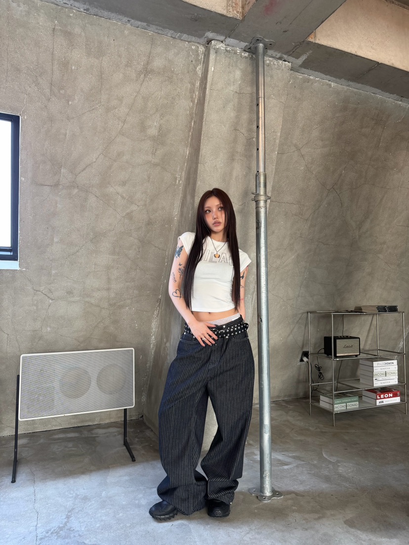 SEEOT韓國東大門直郵女裝新款推薦時尚休閑褲不含腰帶條紋SEEOT休閑褲