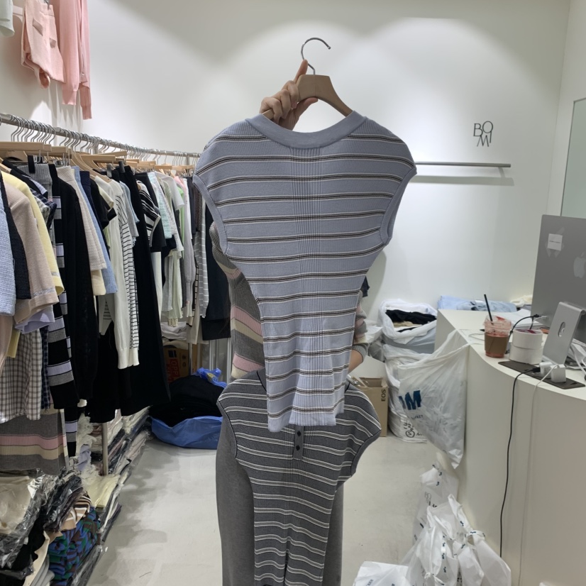 BY BOMI韓國東大門直郵女士新品休閑推薦職業T恤開襟羅紋BY BOMIT恤