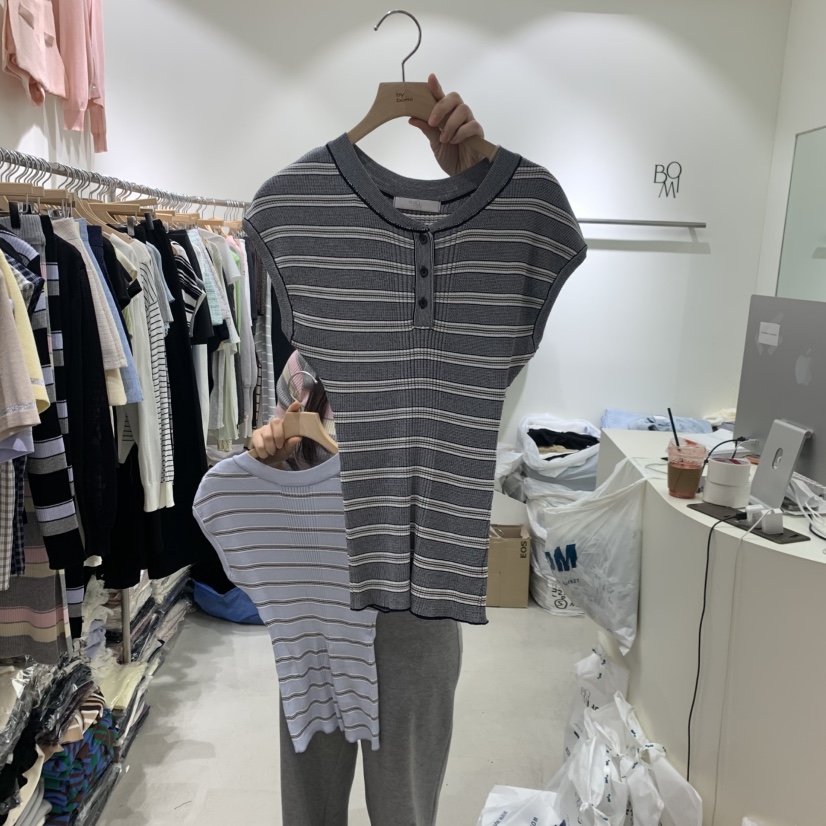 BY BOMI韓國東大門直郵女士新品休閑推薦職業T恤開襟羅紋BY BOMIT恤圖色2