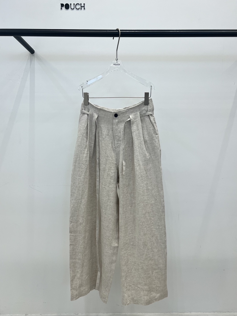 POUCH韓國代購女士新品人氣26春夏休閑推薦休閑褲含腰繩亞麻POUCH休閑褲圖色1