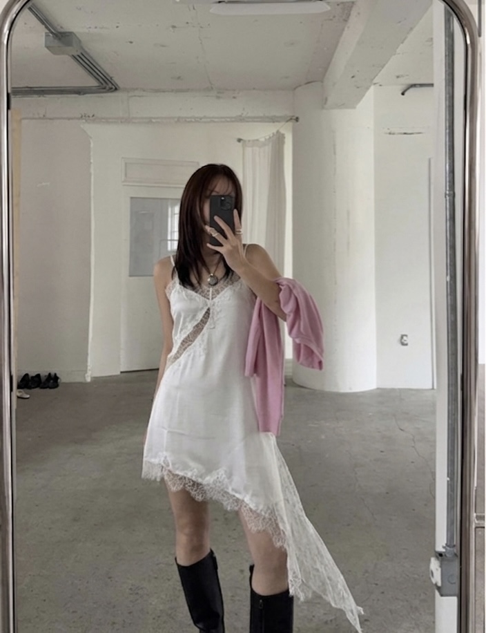 PAIRING韓國東大門直郵女裝新品職業時尚連衣裙不對稱蕾絲PAIRING連衣裙