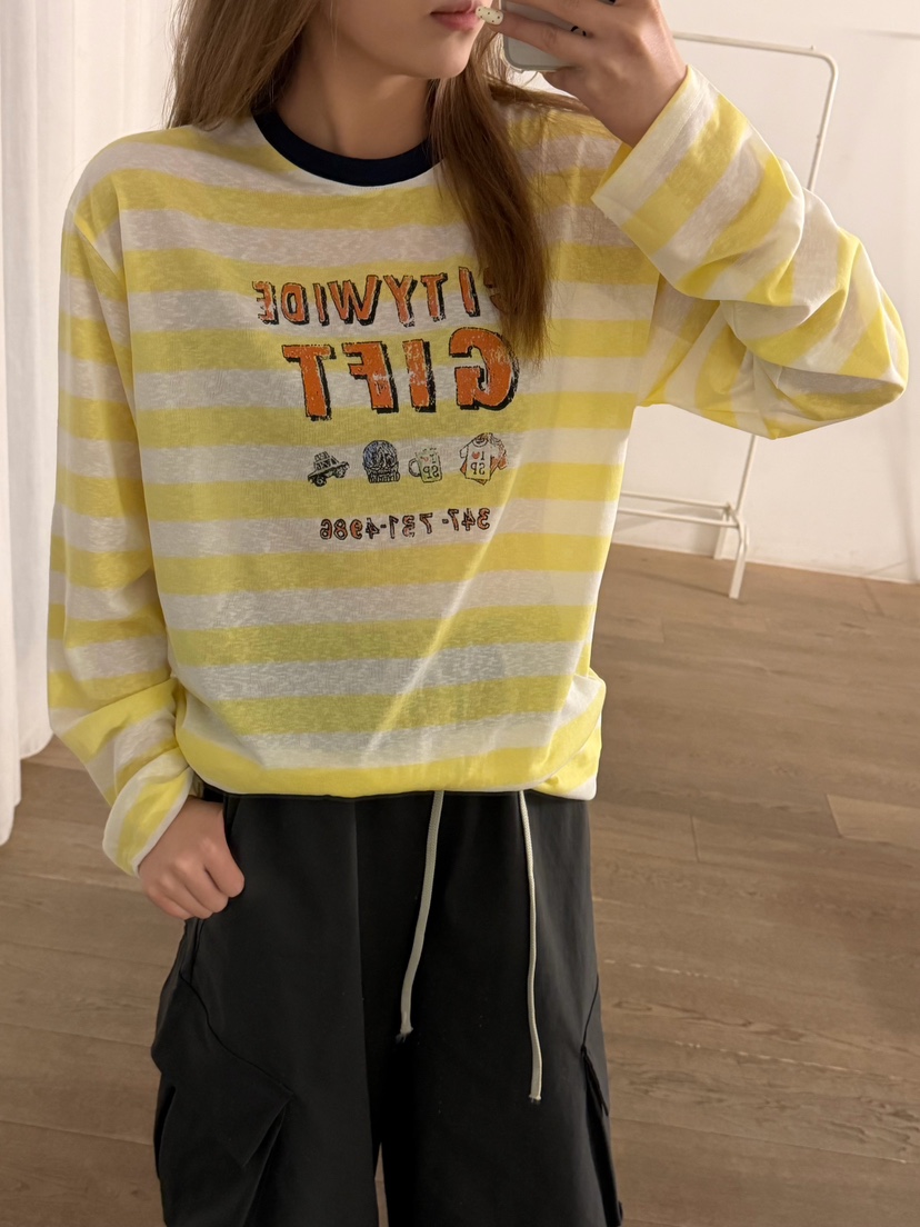 LATTE-P韓國代購女士新品休閑職業熱賣時尚推薦長袖T恤條紋LATTE-P長袖T恤