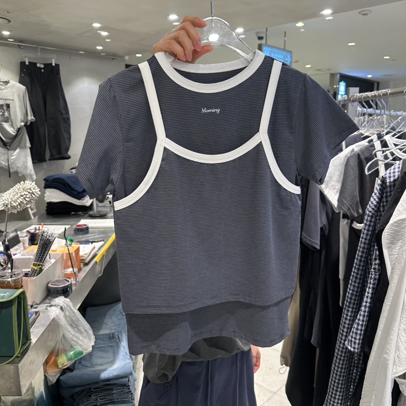 HERTZ-P韓國直郵女裝新品人氣時尚熱賣休閑推薦T恤假兩件HERTZ-PT恤圖色2墨色