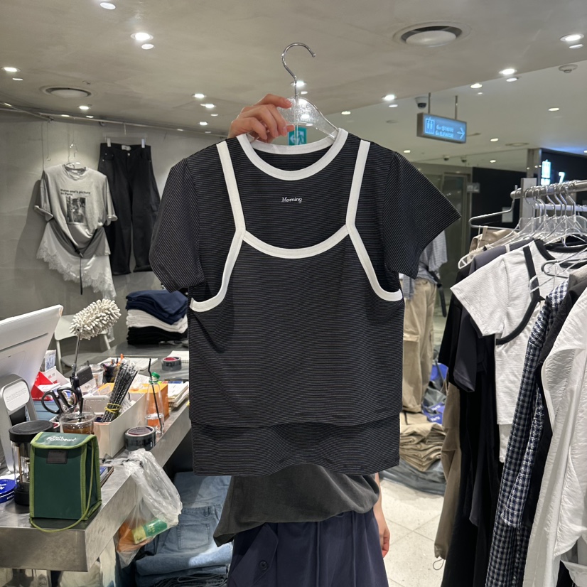 HERTZ-P韓國直郵女裝新品人氣時尚熱賣休閑推薦T恤假兩件HERTZ-PT恤圖色3黑色