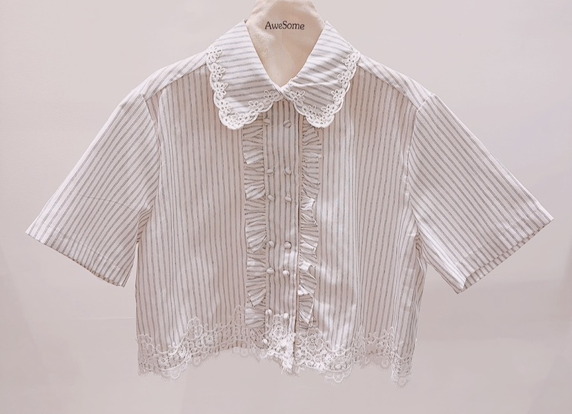 AWESOME-P韓國東大門代購女裝新款時尚襯衫蕾絲衫雙層條紋AWESOME-P襯衫/蕾絲衫圖色2