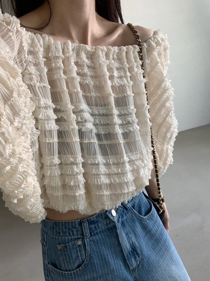 VERANDA韓國東大門直郵女士新品熱賣襯衫蕾絲衫荷葉邊露肩VERANDA襯衫/蕾絲衫