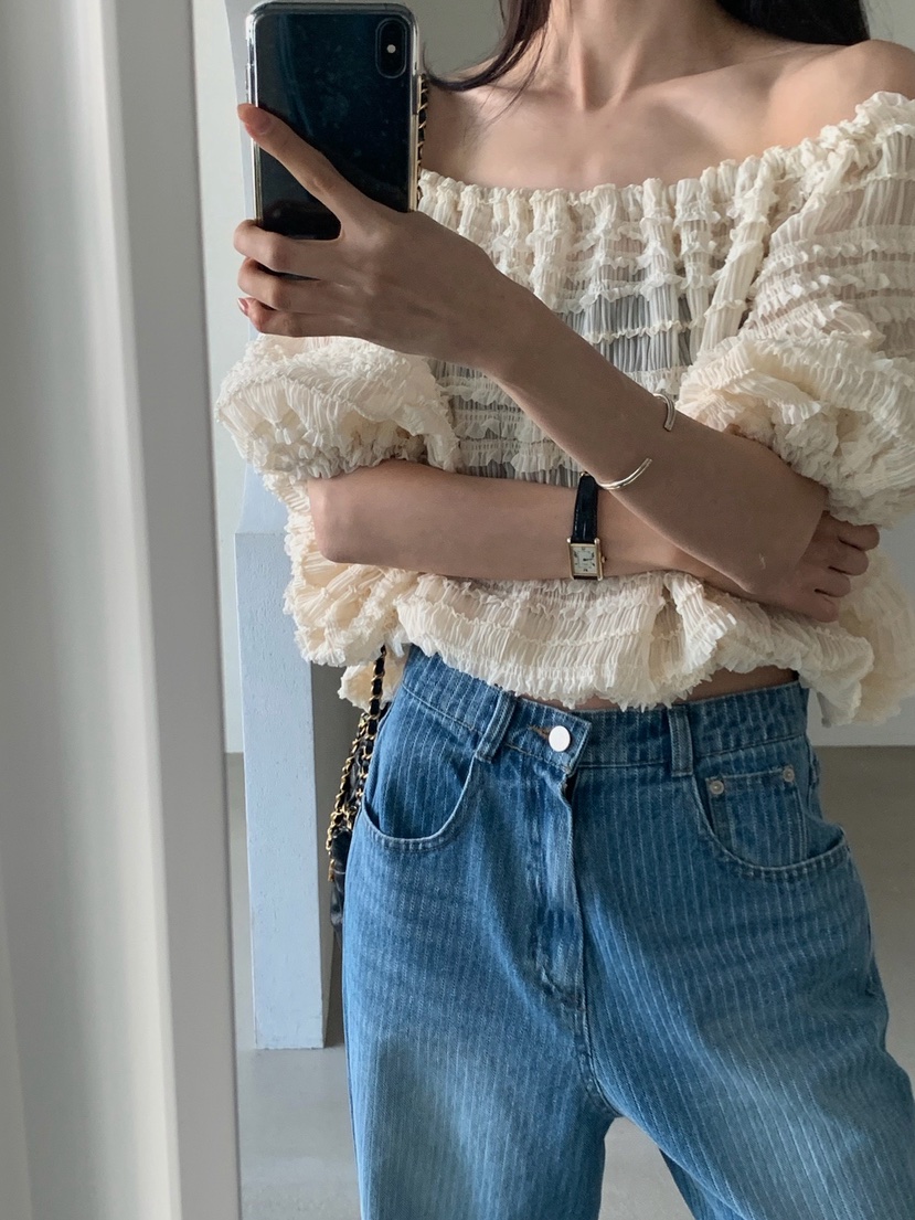 VERANDA韓國東大門直郵女士新品熱賣襯衫蕾絲衫荷葉邊露肩VERANDA襯衫/蕾絲衫