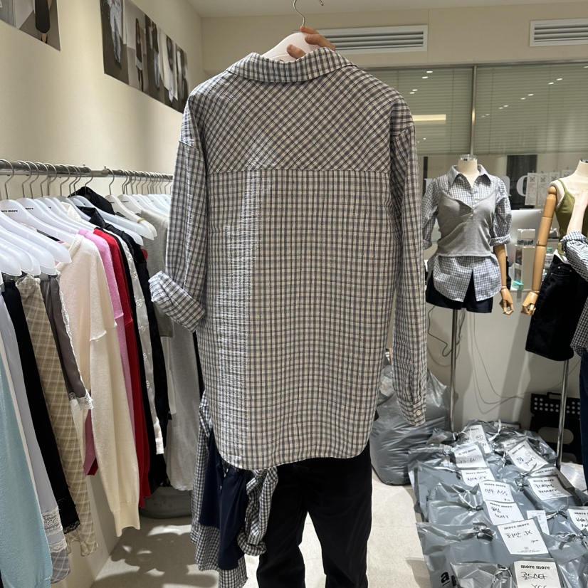 MOREMORE韓國代購女士新款休閑人氣職業時尚襯衫蕾絲衫格子more more襯衫/蕾絲衫