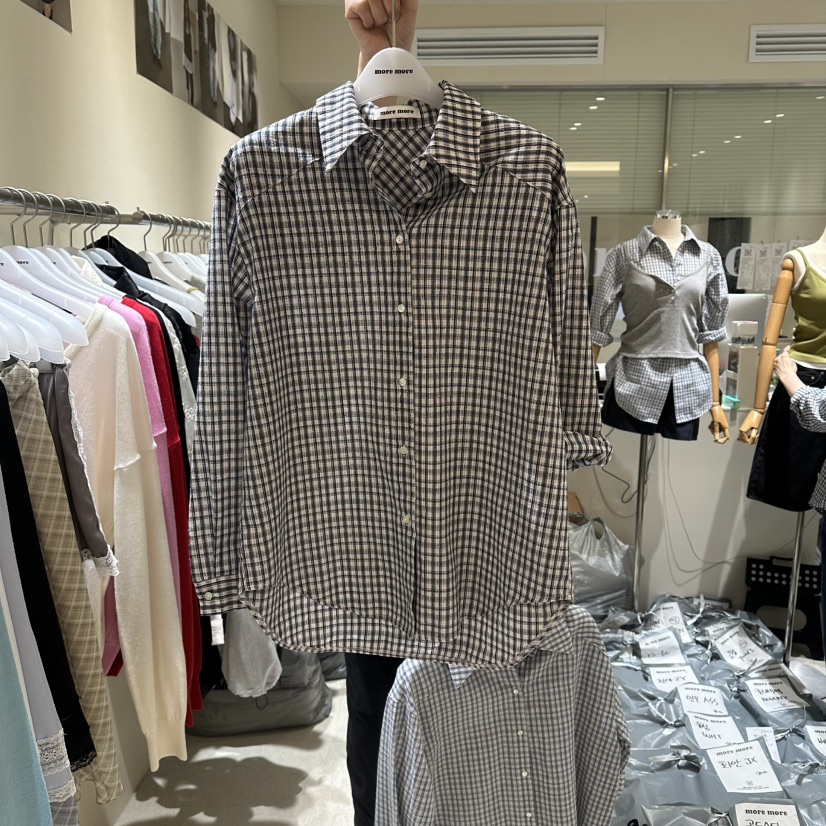 MOREMORE韓國代購女士新款休閑人氣職業時尚襯衫蕾絲衫格子more more襯衫/蕾絲衫圖色1深藍格子