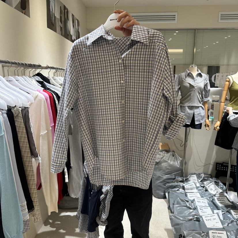 MOREMORE韓國代購女士新款休閑人氣職業時尚襯衫蕾絲衫格子more more襯衫/蕾絲衫圖色2藍色格子