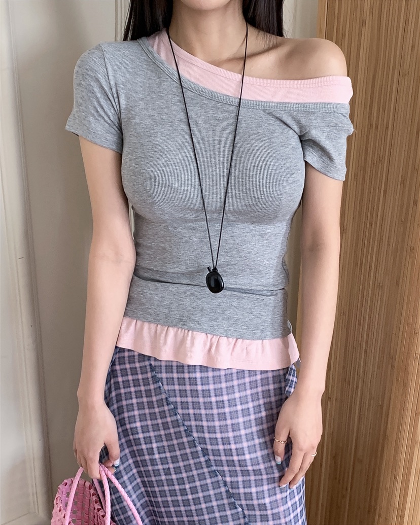 LIVE AID-P韓國東大門代購女士新品26春夏T恤假兩件疊穿LIVE AID-PT恤