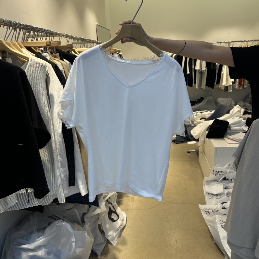 EYEFUL-Q韓國東大門代購女裝新品26春夏時尚T恤撞色蕾絲eyefulT恤圖色1