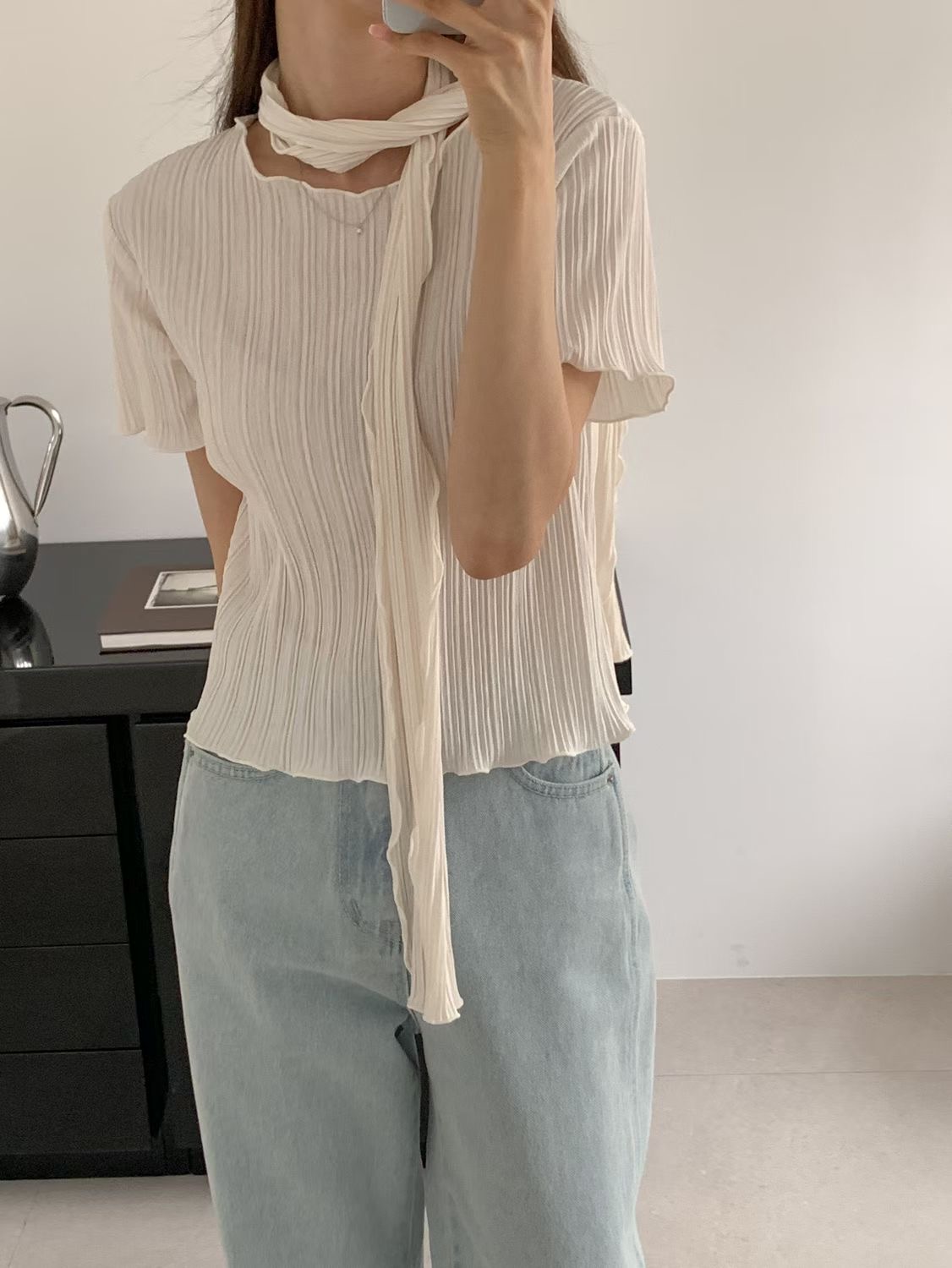 SUNDAY/FF韓國東大門直郵女裝新款26春夏熱賣職業T恤含脖帶SUNDAY/FFT恤圖色3