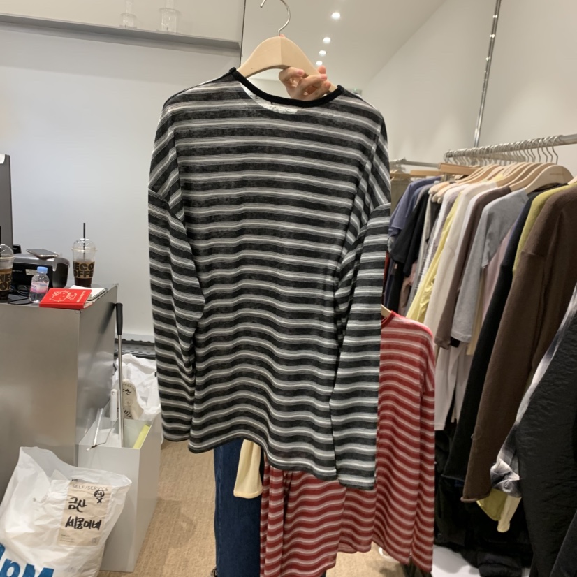 SELF SERVICE韓國東大門直郵女裝新品職業長袖T恤天絲條紋SELF SERVICE長袖T恤